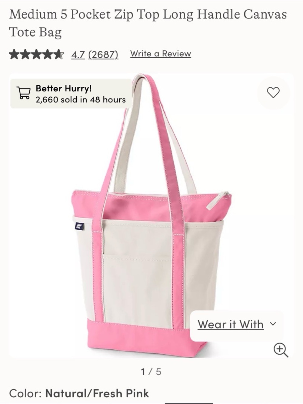 Lands' End medium tote long handles zip top - Picture 10 of 10